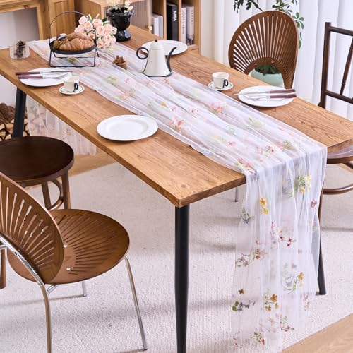 vctops 2 Packs Embroidery Lace Fall Table Runner 10ft Floral Garden Seasonal Tulle Table Runner Holiday Kitchen Dining Table Decoration for Wedding Party Baby Shower Birthday (White,30"x120") - color: White