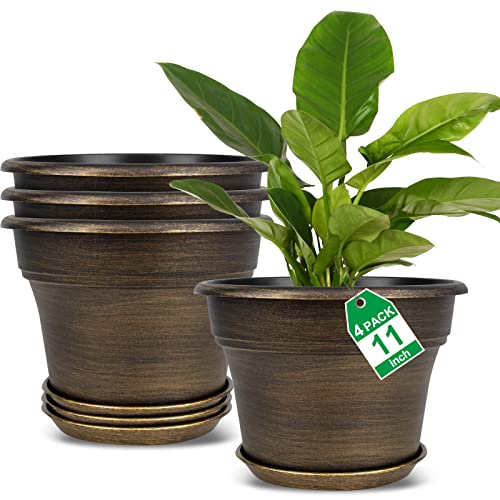 Plant Planters Pots Set of 4 Pack 11 Inch, Plastic Flower Pot For Indoor Plants With Drainage Holes & Trays, Resin Decorative Container Sets With Saucer For House Outdoor Garden Planters Dark Gold - color: Gold, size: 11 inch-4 pack