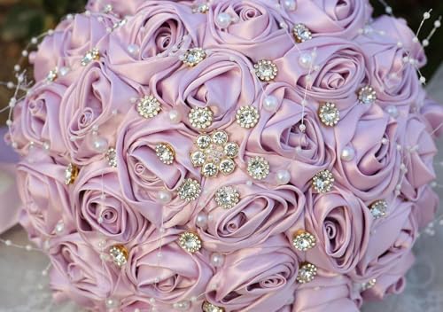 Ujicde Romantic Wedding Bouquet Bridal Bridesmaid Round Bling Brooch Bouquet Throw Toss Artificial Rose Flower Bunch with Sparkle Rhinestone Crystal Decoration(Purple#,Dia. 6.3"*16cm) - color: Purple#, size: Dia. 6.3"*16cm