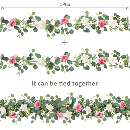 TOCHGREEN 2 Pack 13Ft Artificial Eucalyptus Flower Garland with Pink Roses White Flowers, Fake Rose Flower Greenery Garland Floral Vines for Wedding Home Party Table Runner Decor (White Pink, 2PCS) - color: White Pink, size: 2PCS