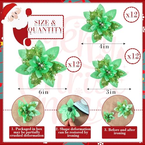 Geosar 36 Pcs Christmas Glitter Artificial Poinsettia Flowers Xmas Poinsettia Artificial Wedding Flowers Decorations Xmas Tree Ornaments with Clips for Party, 6 Inch, 4 Inch, 3 Inch(Emerald Green) - color: Emerald Green