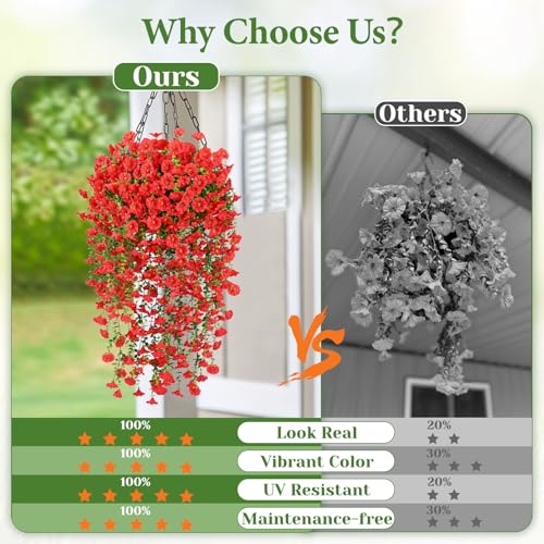 Yastouay Artificial Hanging Flowers for Outdoors, Fake Hanging Flowers for Decoration, UV Resistant Artificial Outdoor Plants, 2 Pcs Morning Glory for Outdoors Garden Patio Porch Yard Decoration, Red - color: Red, size: 2 Pack