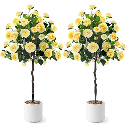 Lunmon 2 Pack 4ft Artificial Camellia Plants Tree 48" Faux Camellia Flower with Spike (Without Vase) UV Resistant Realistic Fake Floral Blooming for Outdoor Front Door Porch Backyard Garden, Yellow - color: Yellow, size: 4 ft