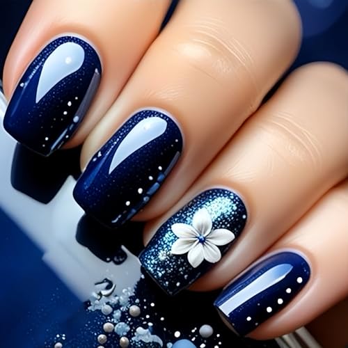Flower Press on Nails Short Square Fake Nails Blue Glossy False Nails Press Ons with Elegant Flower Glitter Designs Floral Glue on Nails Full Cover Artificial Acrylic Nails for Women Girls 24 Pcs - color: Blue White Flower