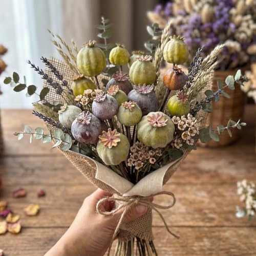 Artificial Flowers -12Pcs Artificial Poppy Pods, Real Touch Flowers for Bathroom,Coffee Table,Wedding, Home,Party Decoration,Table Centerpiece Arrangement (Green & Brown,No Include Vase)