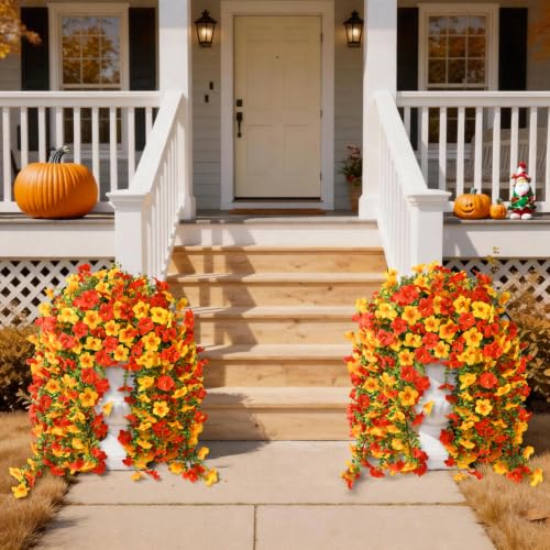 INQCMY Artificial Fake Flowers Plants for Outdoor Fall Decoration,2 PCS Faux Silk Morning Glory with Eucalyptus Leaves,UV Resistant Realistic Outdoor Flowers for Balcony Porch Patio Yard Garden - color: Orange Golden Yellow