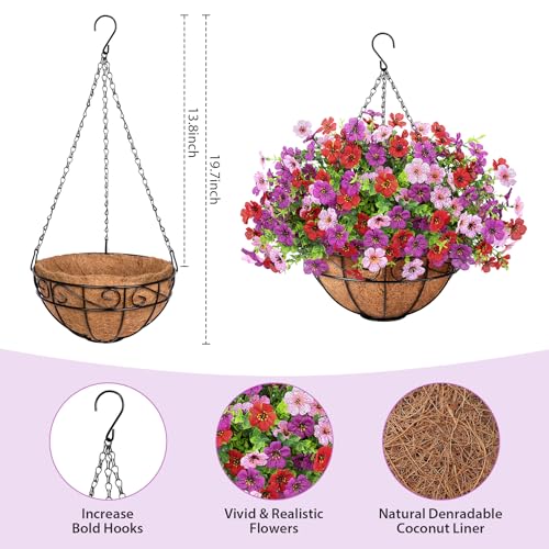 Artificial Fake Hanging Flowers Plants Basket Outdoors, Faux Silk UV Resistant Look Real Daisy Eucalyptus for Spring Summer Garden Porch Home Patio Balcony Yard Decorations, Red Purple Pink - color: Red and Purple and Pink