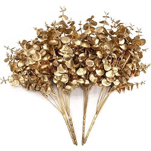 CATTREE Artificial Golden Eucalyptus Decorations, Fake Gold Plants Shrubs Faux Simulation Foliage for Wedding Party Indoor Hotel Hall Table Centerpieces Christmas DIY Decor Planting Filler - 4 Pack - color: Gold Eucalyptus -4 Pcs