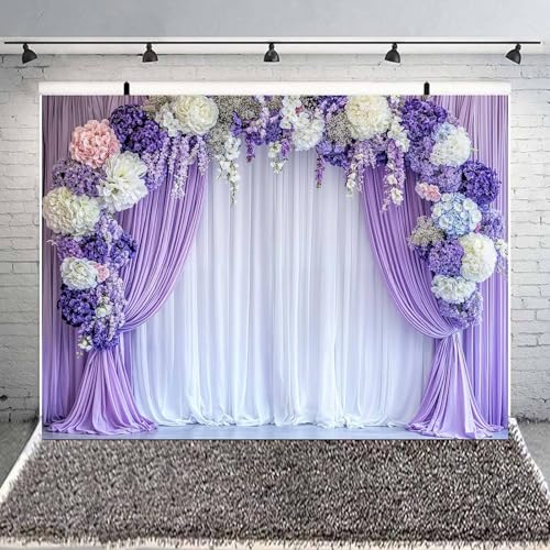 5 x 3 ft Flower Photo Backdrop Floral Purple Photography Background White Curtain Spring Wedding Baby Shower Girl Princess Birthday Party Supplies Photo Studio Props - color: Purple02, size: 5X3FT