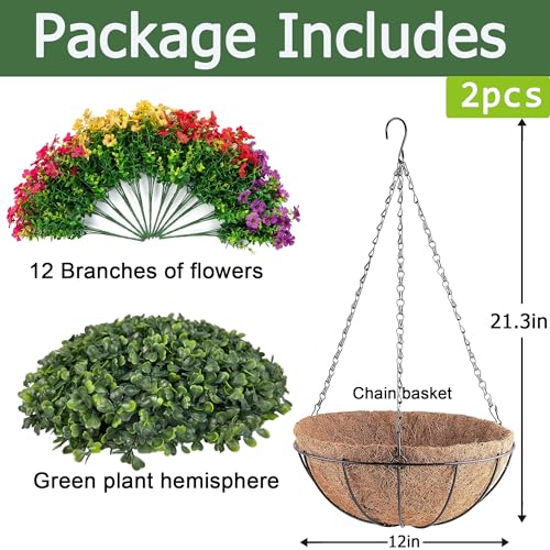 Orgrimmar 2pcs Artificial Hanging Flowers Basket Outdoor Fake Hanging Plant | UV Resistant Realistic Silk Flowers Eucalyptus in Coconut Lining Baskets for Home Porch Balcony Patio Yard Muti-Color - color: Multi Color