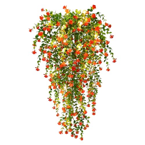 RECUTMS Artificial Plant, 3 Pack Hanging Plants with 30 LED Lights, 11.5in Eucalyptus, Orange Red, Indoor Outdoor Decoration - color: Orange Red, size: Hanging Plants With Lights