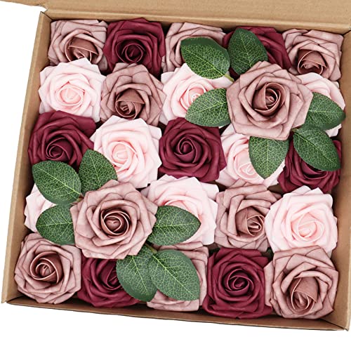 Artificial Flowers 25PCS Real Looking Blush & Dusty Rose & Burgundy Fake Roses with Stem for DIY Wedding Bouquets Centerpieces Baby Shower Party Home Decorations - color: Blush&dusty Rose&burgundy, size: 3"/25pcs