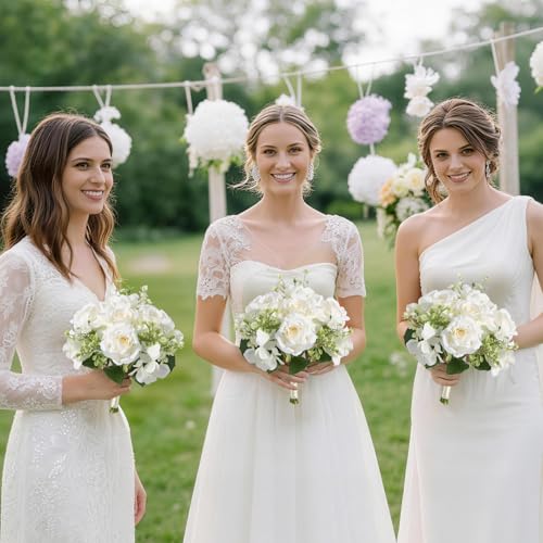 Bridesmaid Bouquets Set of 6, 7.5-Inch Wide Artificial Silk Rose & Hydrangea Wedding Bouquets for Party, Ceremony, Bridal Shower, Wedding Decor (Ivory) - color: Ivory