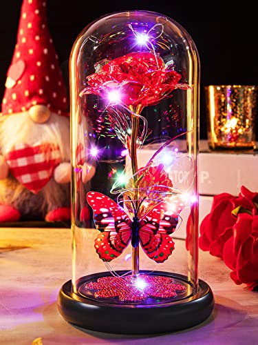 Mothers Day Rose Gifts for Mom Birthday Gift for Women Galaxy Glass Rose in Glass Dome Forever Eternal Crystal Roses with Butterfly Mother's Day Flower Gifts for Women Wife Grandma Daughter Sister Red - color: E Red