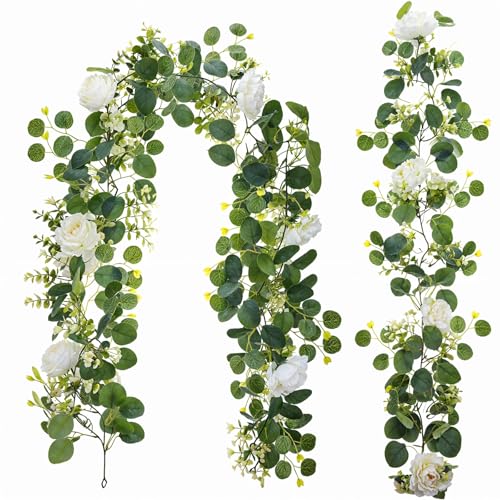 2 Pack Artificial Flower Garlands, 6 Ft Garland for Table Decor, Eucalyptus Garlands with White Roses Centerpieces Greenery Wedding Vines Garland for Backdrop Indoor Outdoor Decor