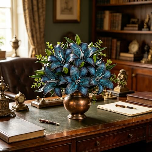 Kimura's Cabin 6Pcs Tiger Lily Artificial Flowers Real Touch Fake Lilies with Stems Faux Lilies Bouquet for Wedding Floral Arrangements Easter Home Table Centerpiece Office Decor(Deep Lake Blue) - color: Deep Lake Blue