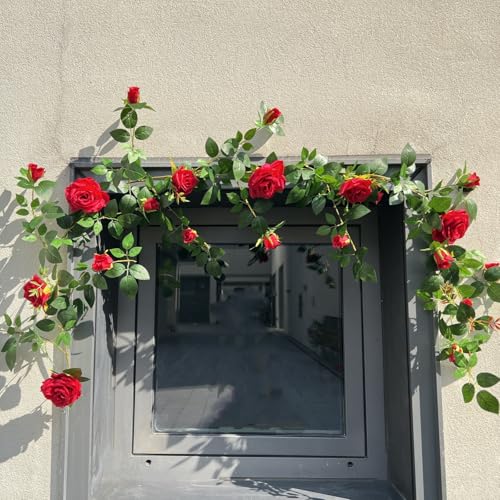 5.9FT Bendable Rose Flower Garlands, Artificial Silk Wild Roses Vine Hanging Flowers for Wall Fireplace Fence Table centerpieces Trellis Wedding Indoor Outdoor Spring Decor（Red,1PC） - color: Red, size: 1