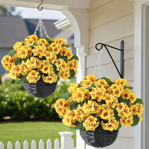 GLIDLION 2 Set Artificial Geraniums Flowers with Hanging Baskets for Outdoors - Sun Resistant Silk with Geranium Flowers, Fake Hanging Planters for Front Porch Garden Patio Home Decor (Yellow) - color: Yellow