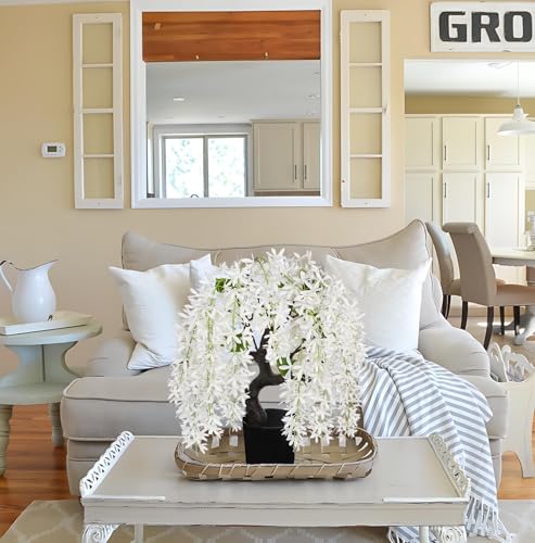 Artificial Flowers 18.5" Tall with Silk Wisteria White Flower Arrangement and Realistic Wood Fake Bonsai Tree Plants Faux Plants for Spring Home Bedroom Office Bathroom Coffee Table Centerpiece Decor - color: White-18.5