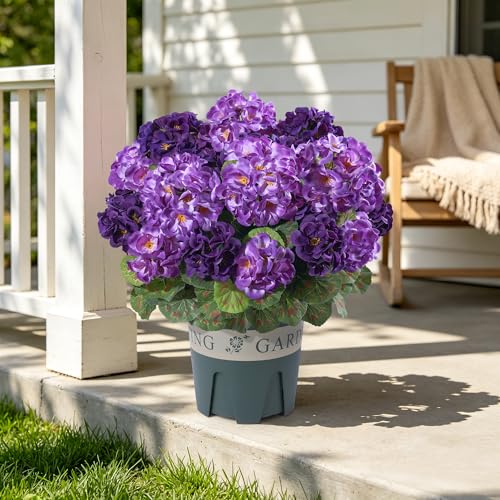 Geraniums Artificial Flowers for Outdoors, 2 Pack Potted Plants Fake Geranium Bush Realistic Fake Flowers Greenery UV Resistant Faux Flowers for Outdoor Planters Outside Gardens Front Door Indoor, Mix - color: 6 Purple, 6 Dark Purple