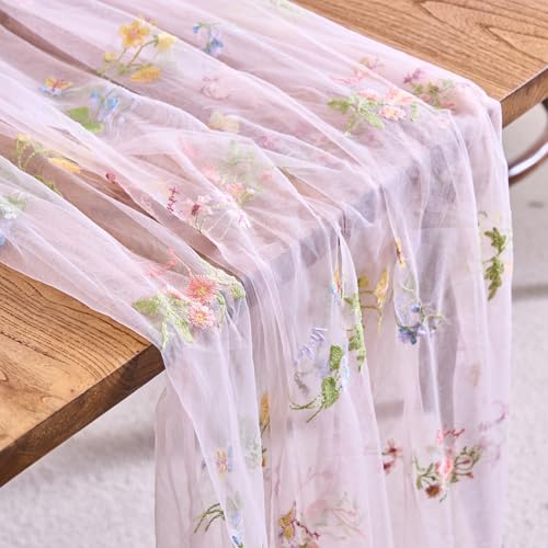 vctops 2 Packs Embroidery Lace Fall Table Runner 10ft Floral Garden Seasonal Tulle Table Runner Holiday Kitchen Dining Table Decoration for Wedding Party Baby Shower Birthday (Pink,30"x120") - color: Pink