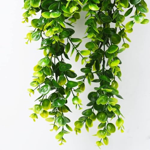 6pcs Artificial Hanging Plants Fake Hanging Plant Faux Eucalyptus Leaf Greenery Vine Outdoor UV Resistant Plastic Plants (6, Green) - color: Green