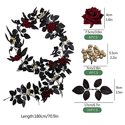 TITA-DONG 70.9 Inch Halloween Red Rose Vine Fake Floral Wall Hanging Ornaments, Artificial Rose Vine Fake Flower Plants,Black Silk Flower Garland for Halloween Decor(#1)