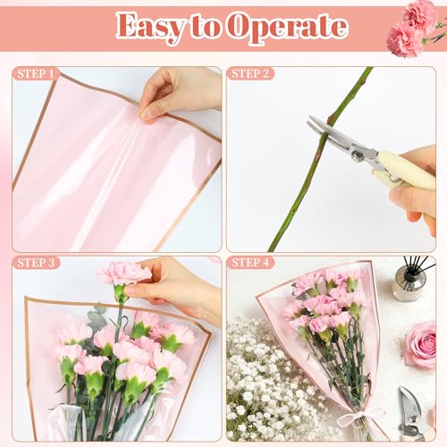 50 Sheets 18" x 11" Pink Flower Bouquet Wrapping Bags Plastic Paper Sleeves, Total 154Pcs RibbonsX3 Pruning ShearsX1 Card HolderX50 CardsX50 Floral Bouquets Bag for Flowers Bar Graduation Wedding - color: Pink 50 Sheets Gold, size: 18 x 11 inch
