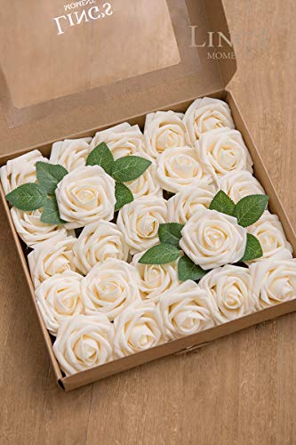 Ling's moment Artificial Flowers 50Pcs Cream Roses Decor w/Stems,3" Real Touch DIY Foam Floral for Wedding Bouquet/Centerpieces, Outdoors Party Backdrop, Room/Table, and Garden/Pot Decorations(2023) | Foam Material, With Stems, DIY Floral, Wedding/Party D