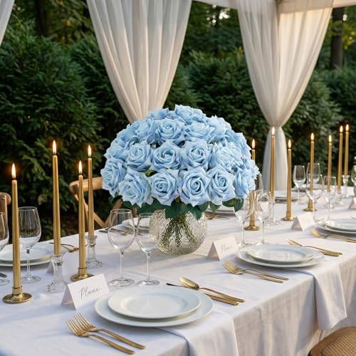 Ttranewsoo Fake Roses Faux Flowers Silk Roses 24PCS Artificial Roses with Stems Realistic Artificial Flowers Suitable for Indoor Home Decoration DIY Bouquet Wedding Decor Party Decoration Blue,16.5In - color: Blue 24pcs