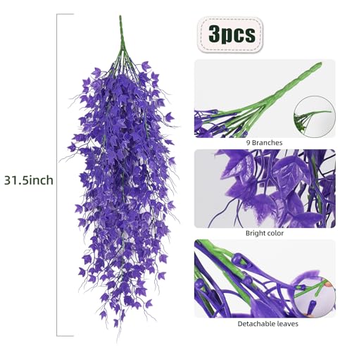 RECUTMS 3Pcs 31.5" Fake Hanging Plants Fake Ivy Vine Artificial Ivy Leaves | UV Resistant,Pure Purple Plastic Vines,Faux Hanging Greenery Stems,Trailing Greenery for Planters Home Yard Wall Garden Decor - color: Pure Purple, size: Hanging Ivy