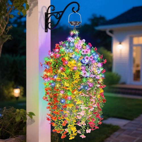Solar Hanging Basket with Artificial Flowers: Outdoor Fake Plants Flower Basket with Solar String Lights for Summer -10 in UV Resistant Faux Silk Flower Baskets for Home Porch Yard Patio Garden Decor - size: 10inch, style: Eucalyptus Daisy - Colorful
