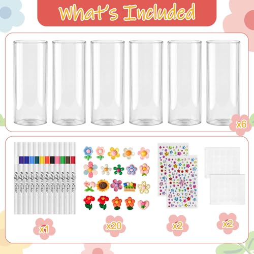 Cinrobiye 6 Set Glass Vase Craft Kit, Paint a Vase DIY Decorative Glass Jar Set for Flower Arrangement, Home Decor and Wedding Table Centerpieces