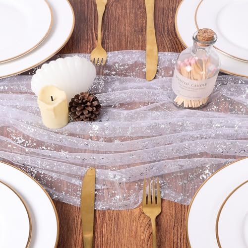 10 Ft White Silver Gauze Table Runner 120 Inch Glitter Metallic Foil Sheer Tulle Cheesecloth Table Runner Sequin Bridal Wedding Birthday Anniversary Christmas Dining Home Decor for Party - color: White Silver, size: 10 ft × 1 pc