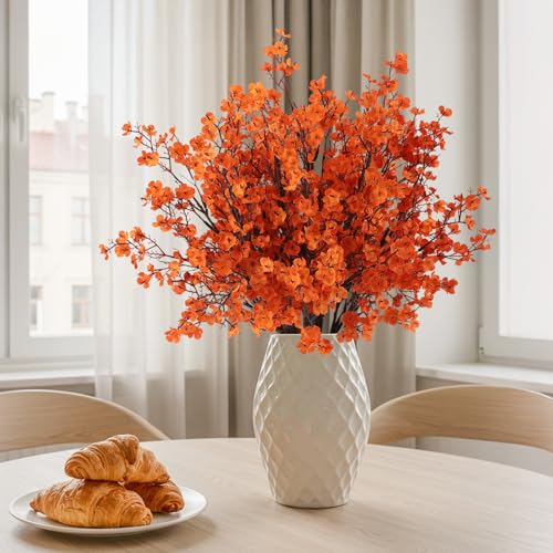 8Pcs Babys Breath Artificial Fake Fall Flowers, Real Touch Orange Plants Silk Flowers for Vase Home Office Wedding Indoor Outdoor Centerpiece Table Party Autumn Christmas Decorations - color: Orange, size: 8 Bundles