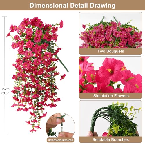 ZFProcess Artificial Hanging Flowers Plants for Outdoor Spring Summer Decoration, 2PCS Faux Silk Morning Glory UV Resistant Look Real for Outside Home Indoor Planter Porch Garden Yard Decor(Rose Red) - color: Rose Red