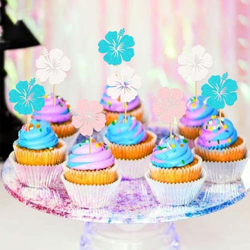 24Pcs Hawaii Flower Cupcake Toppers Pink White Blue Hibiscus Flowers Cupcake Picks for Hawaii Flowers Baby Shower Girls Birthday Bridal Shower Wedding Summer Holiday Party Decorations - color: Hibiscus