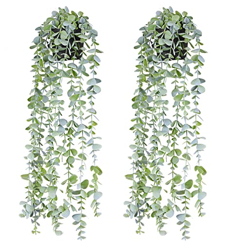 Fake Hanging Plants Eucalyptus Potted Artificial Plant Small Faux Ivy Vines Decor for Floating Shelf Kitchen Bathroom Cabinets Indoor Outdoor Pack of 2 23.6 Inches Long