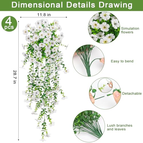 4 Pcs Artificial Hanging Flowers for Outdoor, Fake Silk Daisy Flowers Spring Summer Decoration UV Resistant Faux Plants for Planter Front Door Porch Patio Balcony Yard Decor, White - color: White