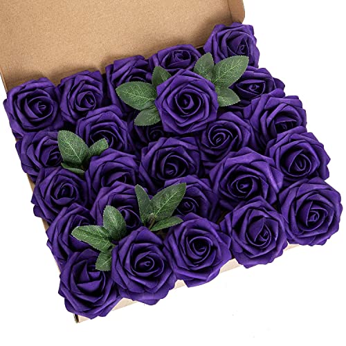 25pcs Artificial Flower Foam Rose Real Touch Roses Flower Heads with Stem for DIY Wedding Bouquets Centerpieces Arrangements Party Baby Shower Home Decor (Purple) - color: Purple