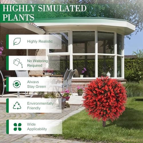 AOKIIE 24" Artificial Boxwood Topiary Bushes UV Resistant for Outdoor 2PCS | Artificial Shrubs with Ground Spike, Red Faux Outdoor Plants for Indoor & Outdoor Garden, Yard, Porch, Patio - color: Red