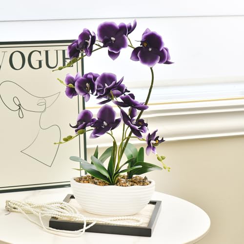 19" H Phalaenopsis Faux Orchid Plant Silk Orchid Centerpiece Artificial Floral Arrangement in Ceramic Pot (Deep Purple) - color: Deep Purple