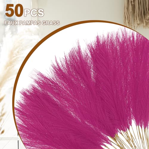 uxcell 50 Pcs Faux Pampas Grass 52cm/20.5" Artificial Fake Dried Pampas Grass Decor with Stem for Floor Vase Filler, Wedding Decoration, Home Decoration, Rose Red - color: Rose Red