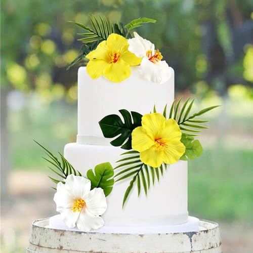 10PCS Artificial Hibiscus Flower Cake Toppers Hawaii White Yellow Hibiscus Cake Decors for Baby Shower Hawaii Theme Birthday Bridal Engagement Wedding Floral Cake Picks Summer Holiday Party Decoration - color: White