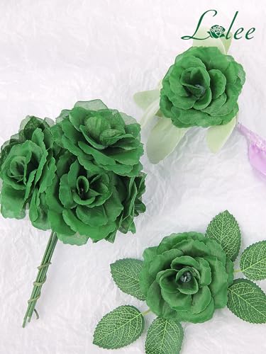 LELEE Rose Head Flowers with Stem - 108pcs Emerald Green Rose Artificial Flowers Bulk - Silk Roses Fake Flower for Wedding Bouquet Party Home Decor DIY Centerpieces Tables St Patrick's Day Decoration - color: Green
