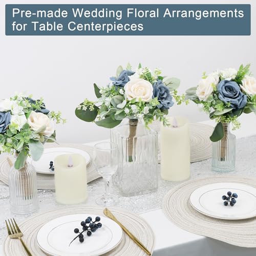 7 Inch Bridesmaid Bouquet Flowers - Artificial Bouquet for Bridesmaid Wedding Rustic Small Floral Centerpiece for Marriage Proposal Party Anniversary Dining Table Decor - Green & Dusty Blue - color: Green & Dusty Blue, size: 1pcs