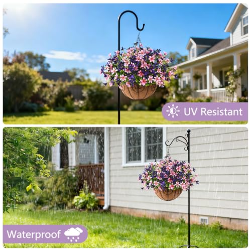 INQCMY Artificial Hanging Flowers for Outdoors, 5 Bundles UV Resistant Artificial Hanging Baskets,All Weather Fake Flowers for Patio, Porch, Yard, Window Box,Home for Spring Summer Decoration. - color: Pink Purple