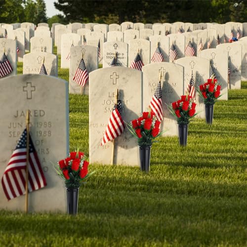 Tigeen 6 Sets Father's Day Cemetery Flowers with Grave Vase 12 Bunches Artificial Rose Memorial Bouquet 84 Heads Fake Silk Flower for Dad Gravesite Graveside Decor(Red) - color: Red