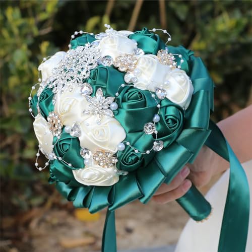 7.5" Dark Green & Ivory Bridal Wedding Bouquet Round Holding Bouquet Throw Toss Artificial Rose Flower Bunch for Bride Bridesmaid Wedding Quinceanera - color: Dark Green & Ivory, size: Small (Dia. 7.5"/19cm)