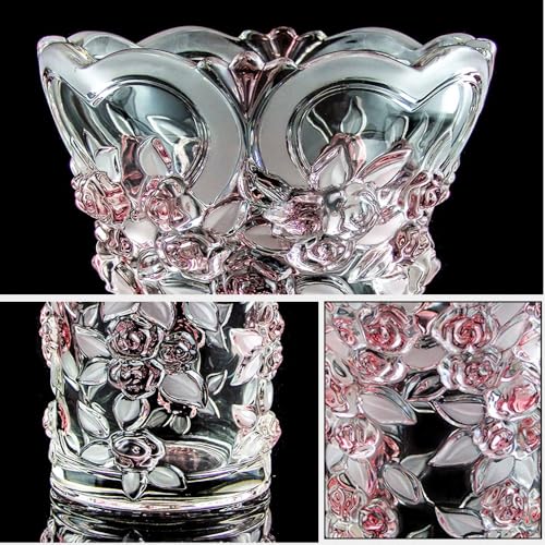 Large Crystal Glass Pink Vase 11.8" Tall, Unique Design -Pink Plum Blossoms Vase. Modern Vases for Living Room, Bedroom, Kitchen, Dining Table, Mantle, Wedding,
